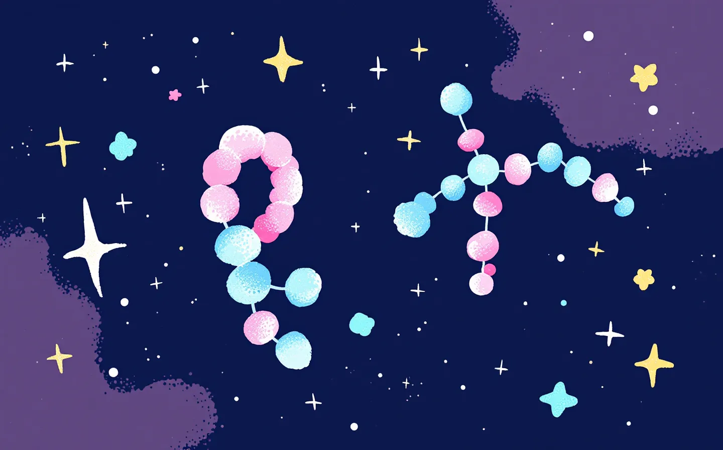 A kawaii hand-drawn doodle of two friendly abstract peptide molecular emblems side by side in pastel pink and sky-blue marker with sparkles, on a deep indigo notebook ground